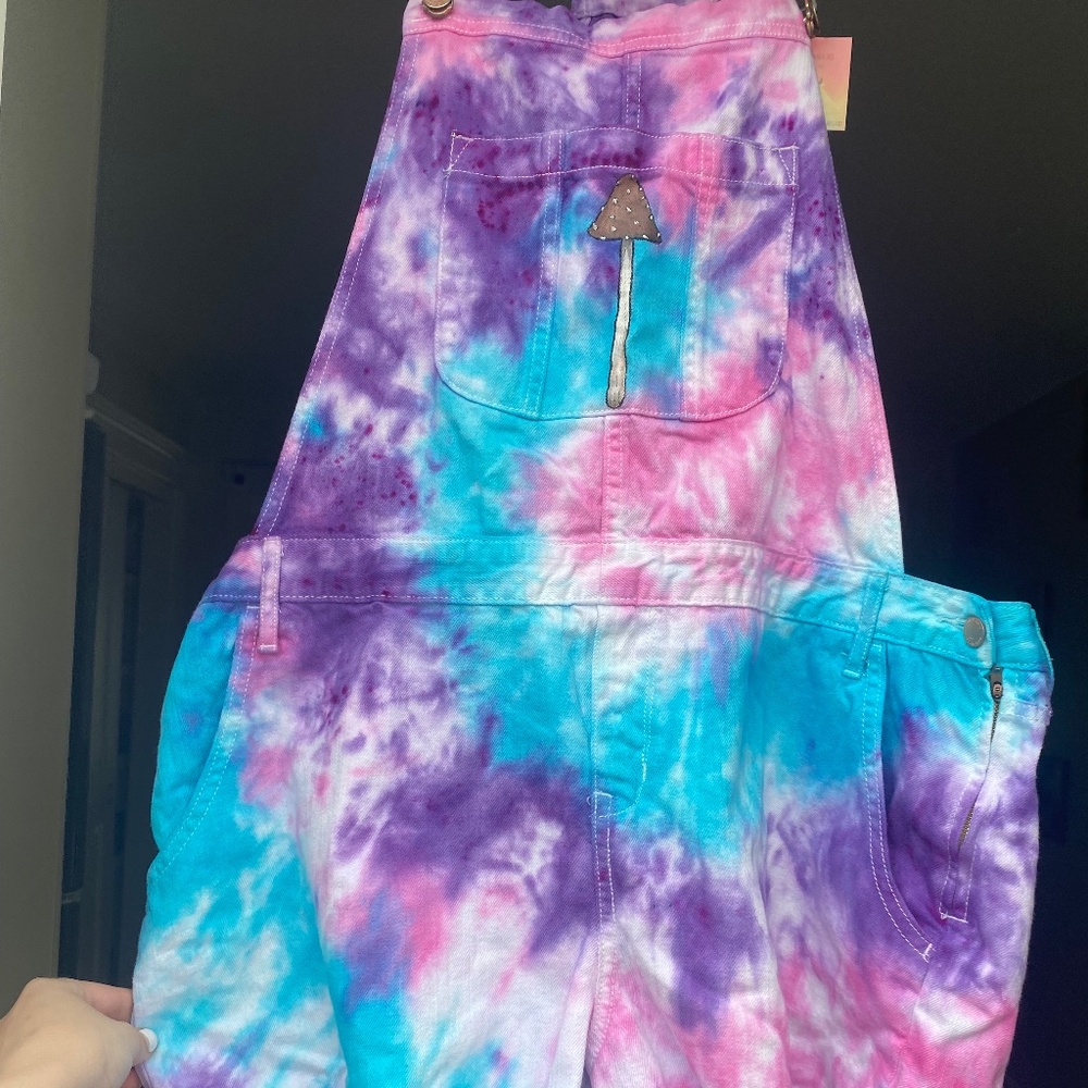 Tie dye mushroom dungarees overalls shortalls pink blue purple XL